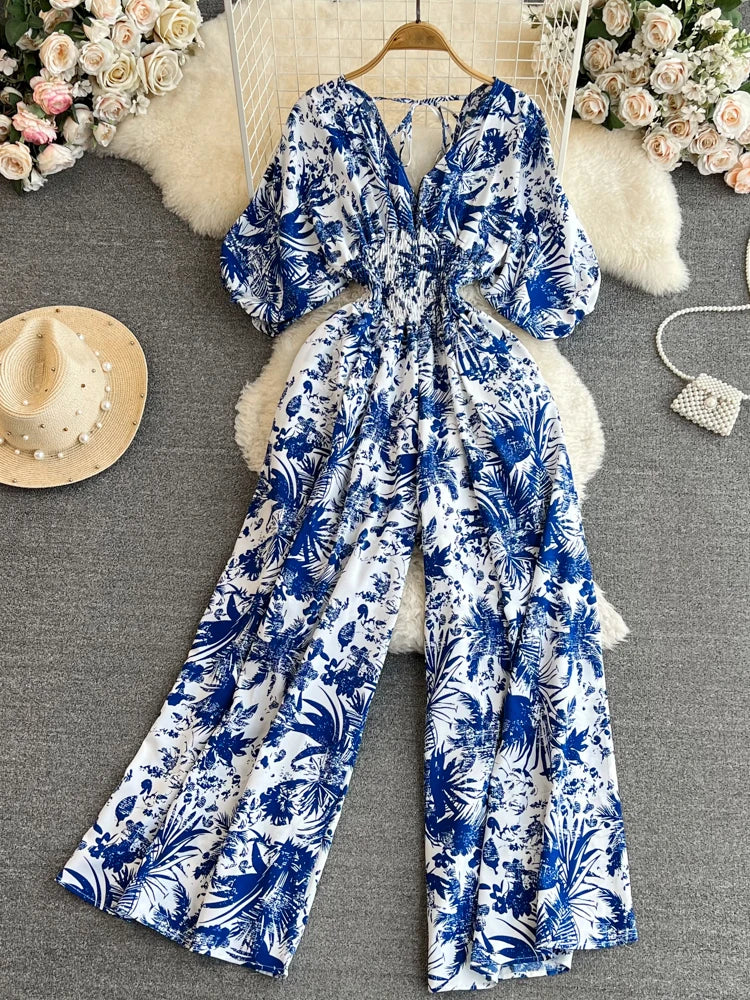 Floral Blue White Wide-leg Long Sleeve Jumpsuit