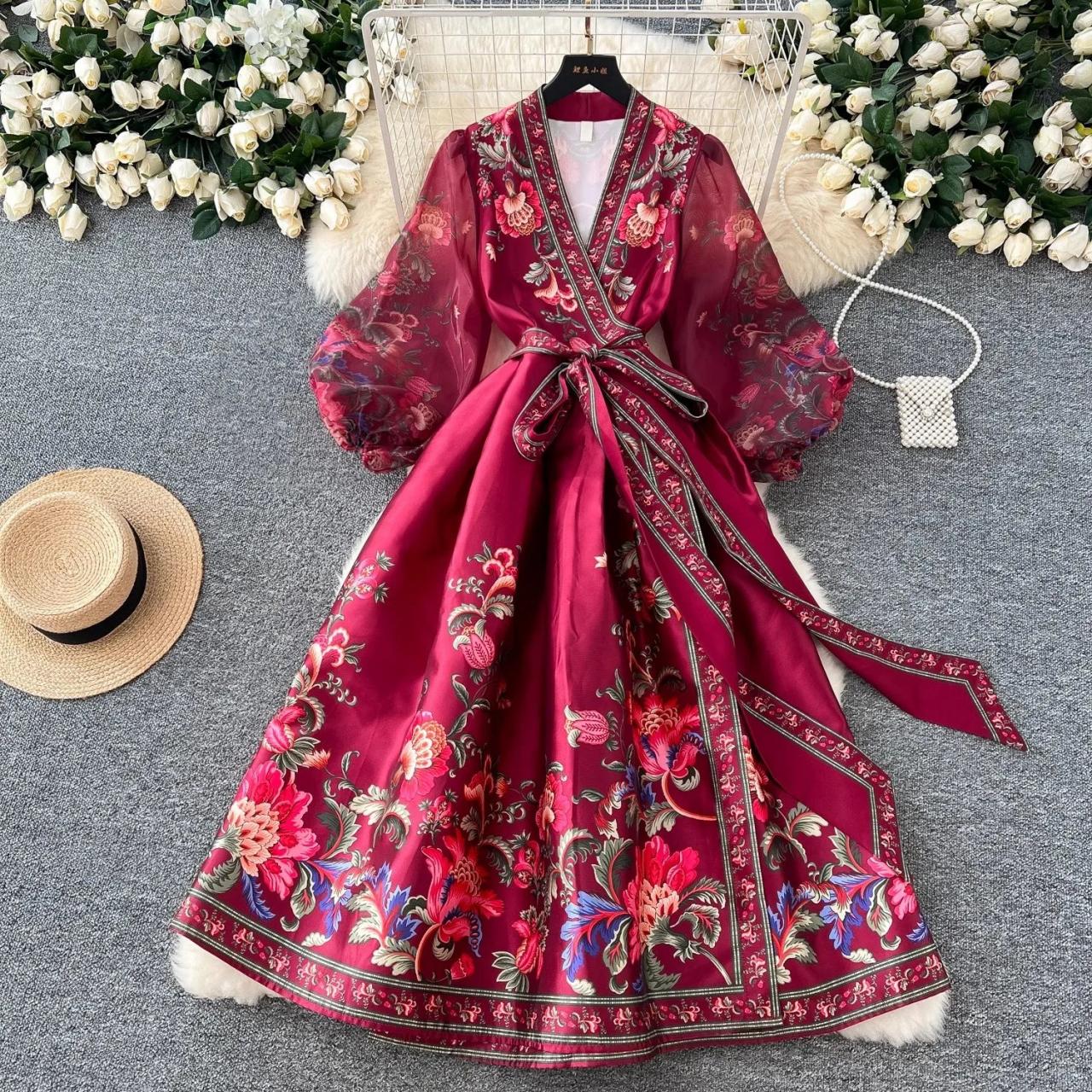 kimono dress design 1960s 70s Designer Floral Print Chiffon Obi Sash Kimono Maxi Dress fro
