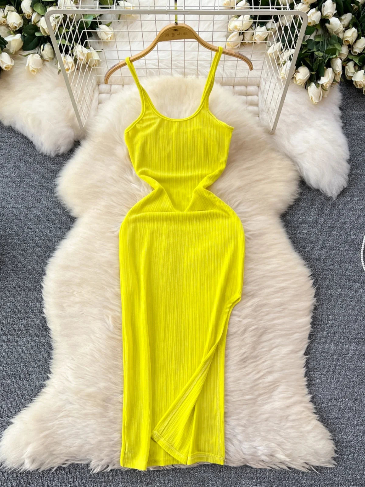 Vibrant Yellow Bodycon Dress with Spaghetti Straps