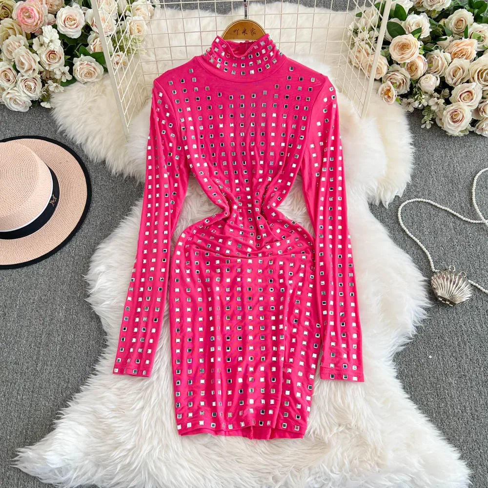 pink studded dress Pink mini dress for women with silver floral studs  Gimaguas