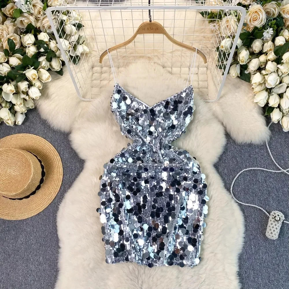 silver sequin strappy dress Sicily Asymmetrical Cowl Neckline Tie-Up Back Sequin Mini Dress Silver