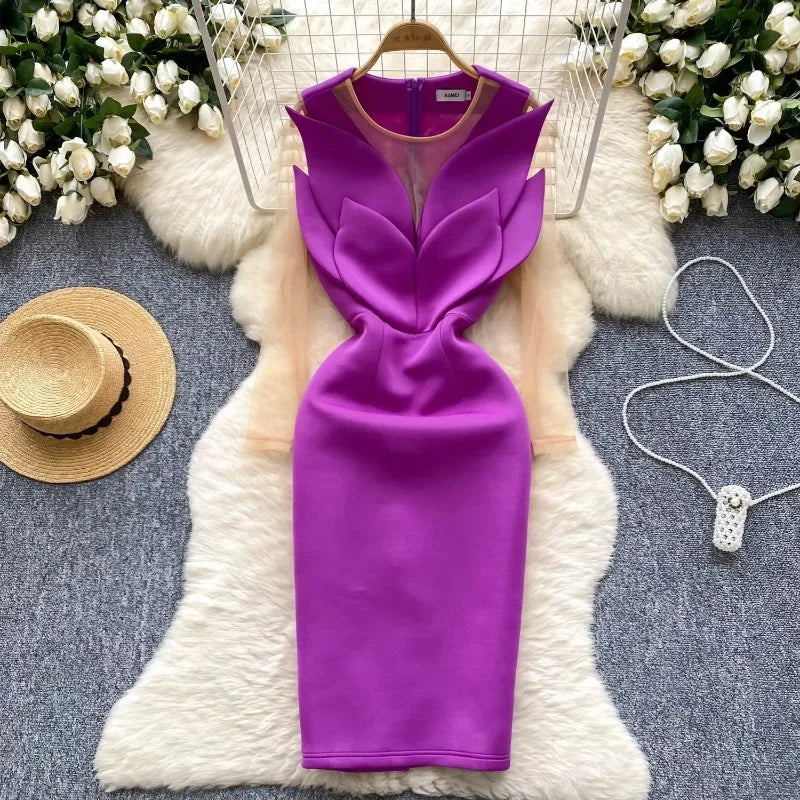 knee length dresses for ladies Davina Velvet and Mesh Maxi Dress / Purple | Meshki main image 1