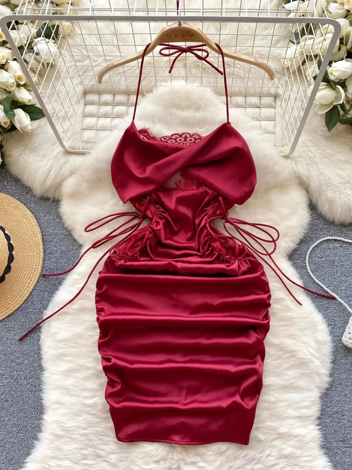 Satin Halter Dress With Lace-up Detailing
