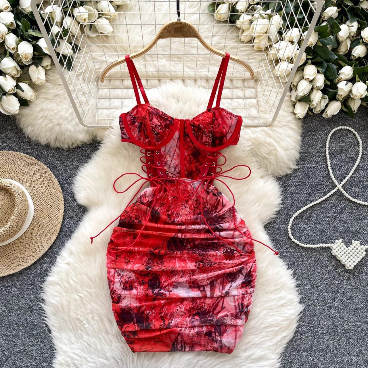 Floral Red Lace-up Bodycon Mini Dress on Luulla