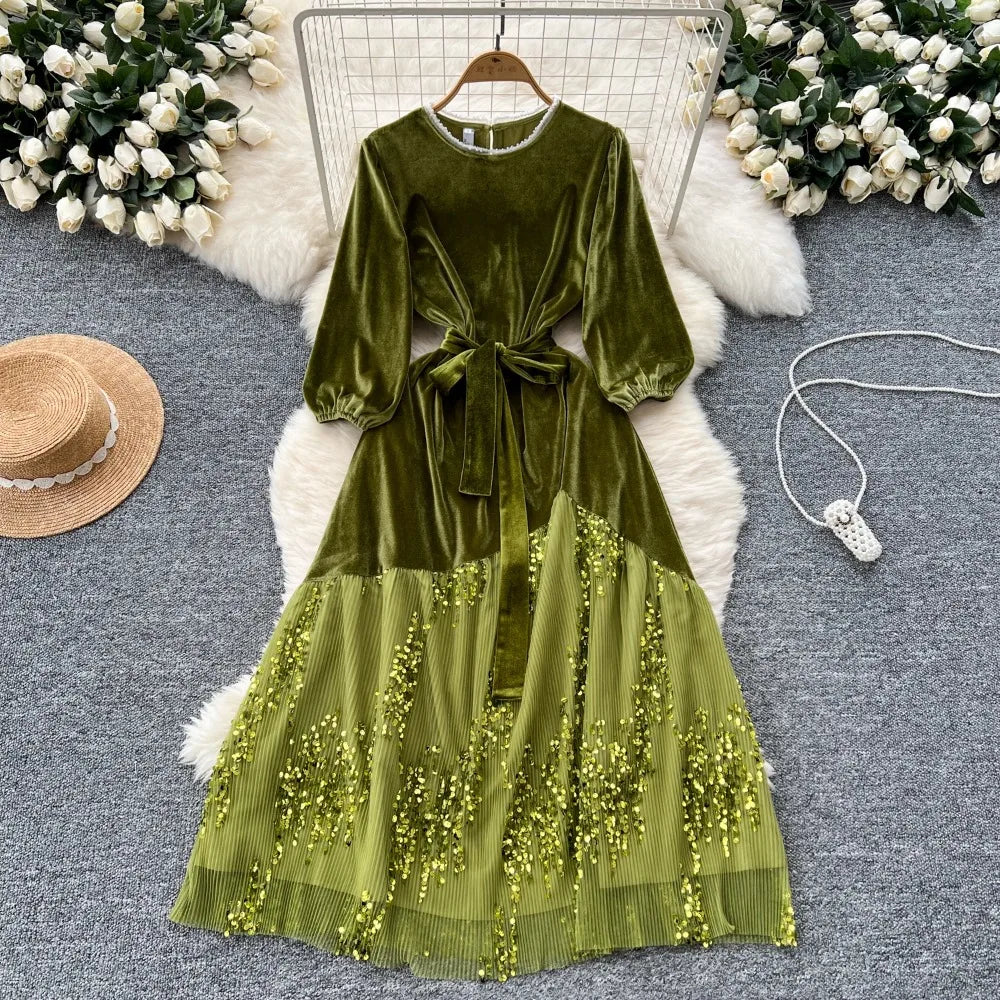 green velvet dress with embroidery Green Velvet Ruched Dress With Floral Embroidery