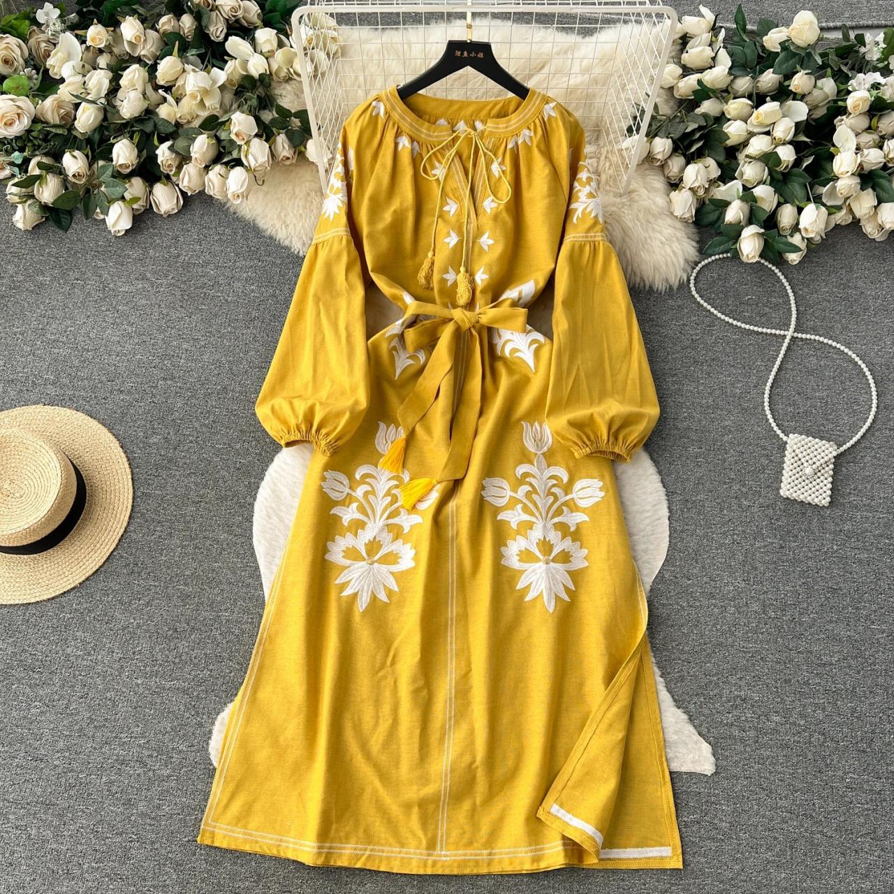 Floral Embroidered Long Sleeve Yellow Dress With Belt
