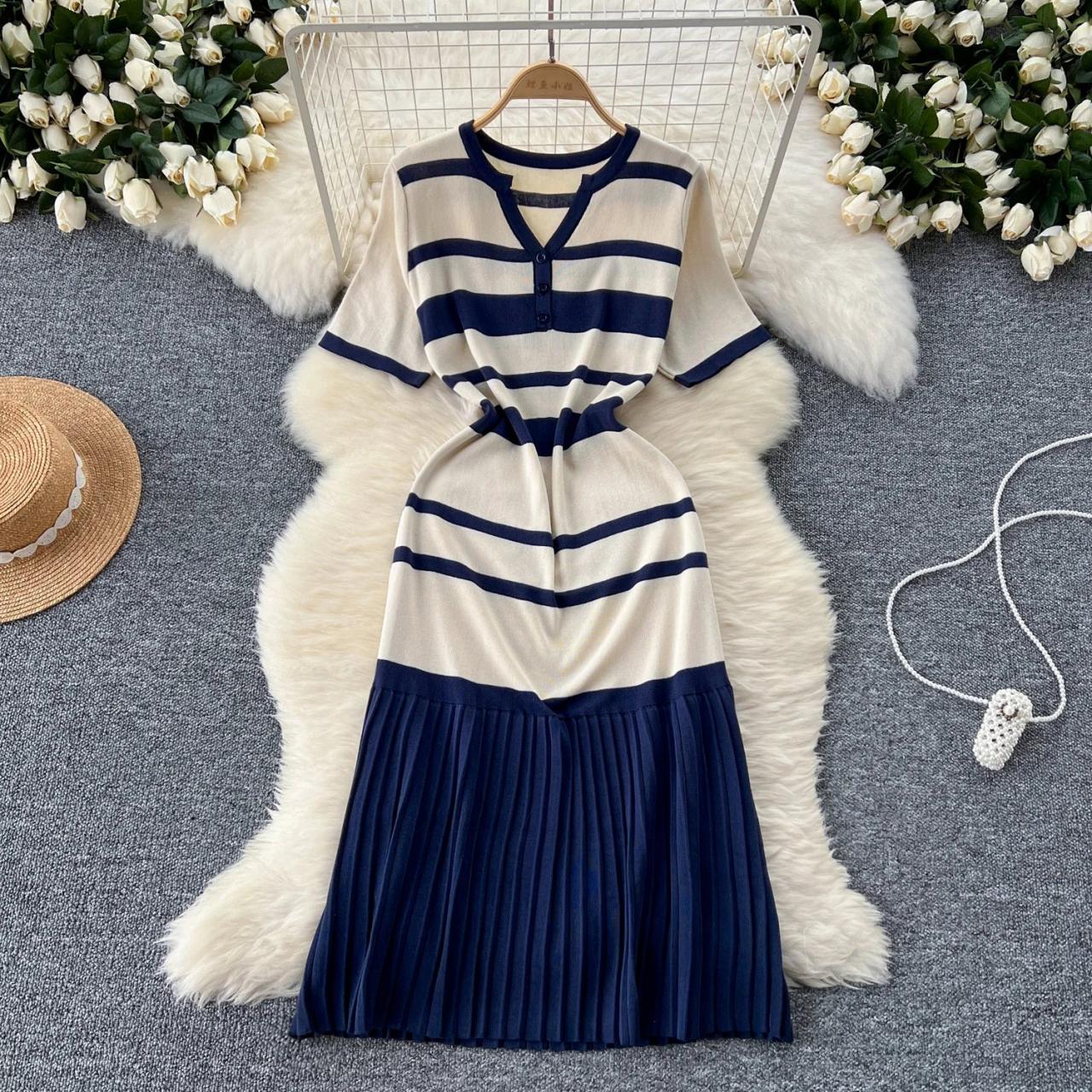 Striped Casual Midi Dress With Belted Waist