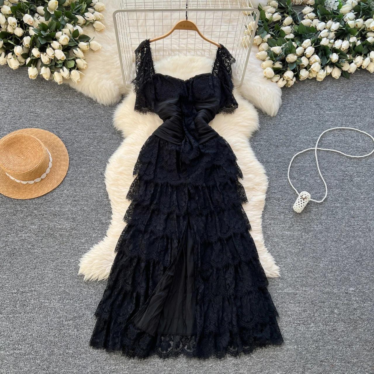 chinese dress ladies Black Lace Ruffle Strapless Mini Dress