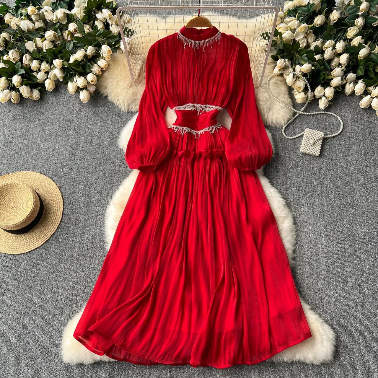 Red Maxi Dress With Cutout And Puff Sleeves on Luulla