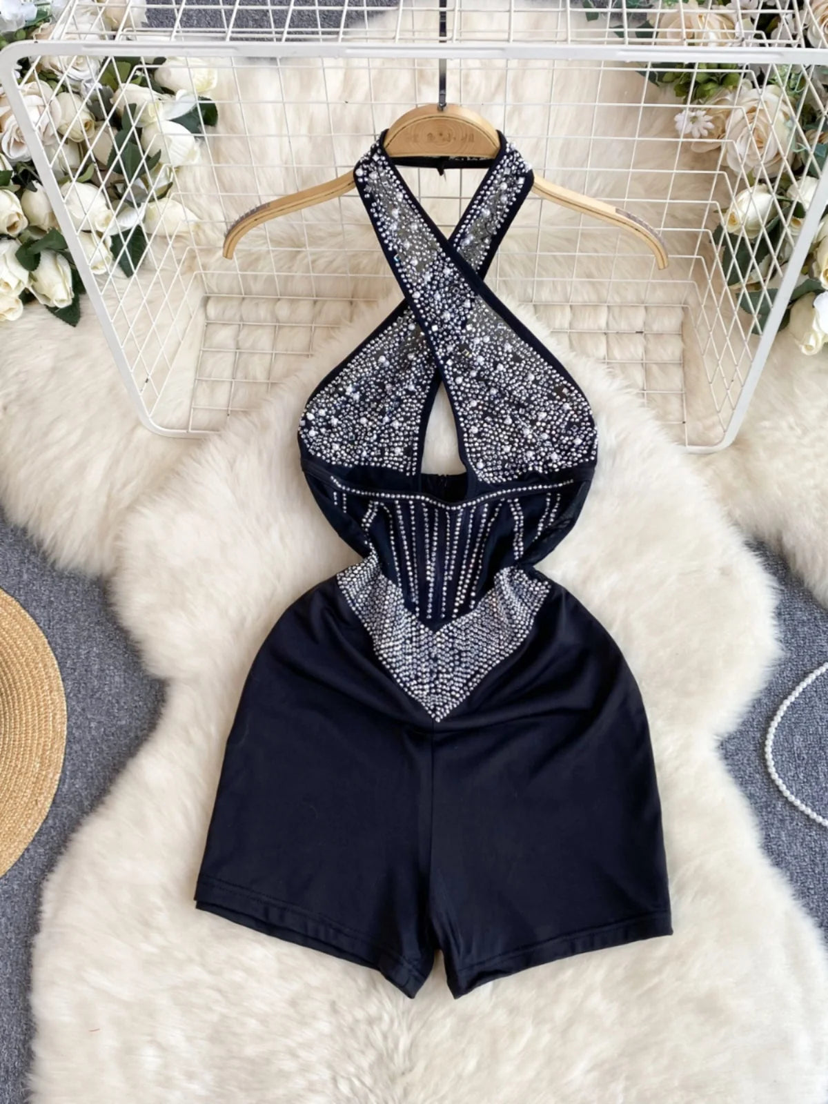 green emerald velvet dress Sequin Romper Dress – Black Glitter Party Look main image 0