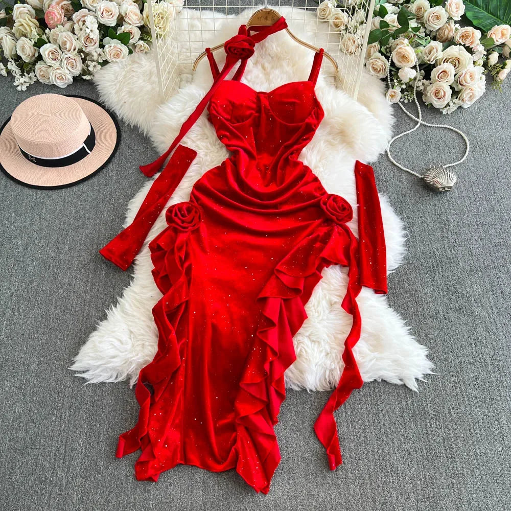 Red Velvet Dress With Ruffles And Gloves on Luulla