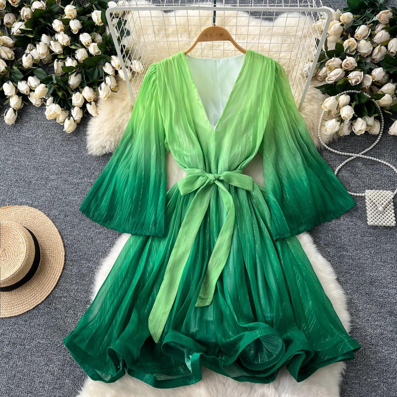 Ombre Green Chiffon Dress with Tie Waist