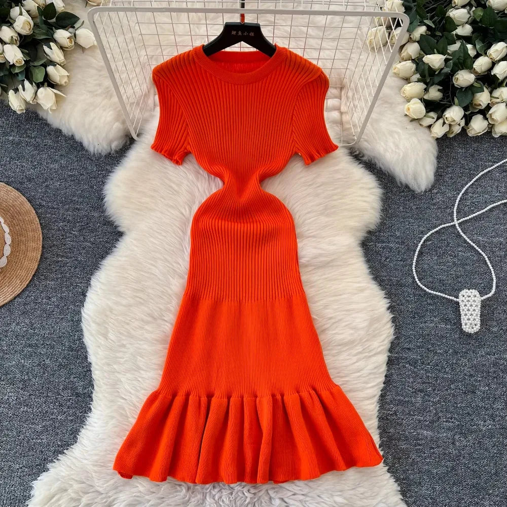 Vibrant Orange Ribbed Knit Flare Midi Dress