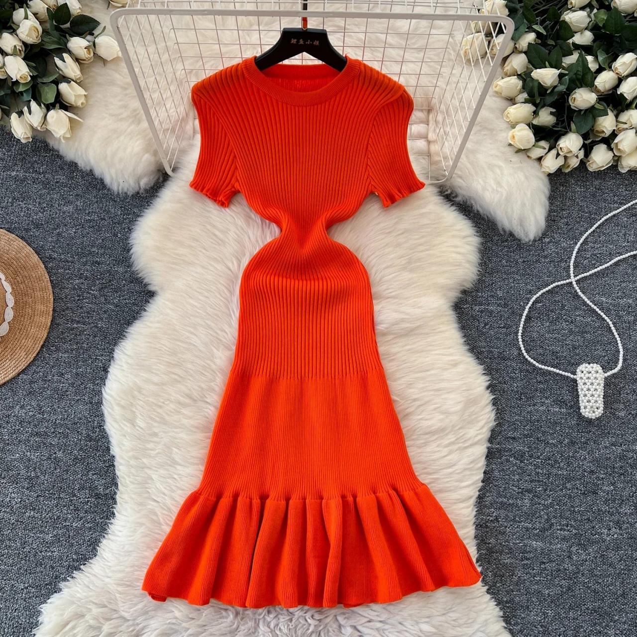 Vibrant Orange Ribbed Knit Flare Midi Dress on Luulla