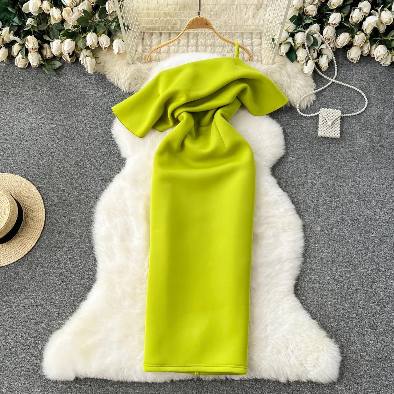 Off-shoulder Lime Green Bodycon Midi Dress