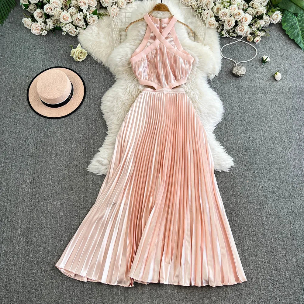Halter Neck Pink Pleated Maxi Dress