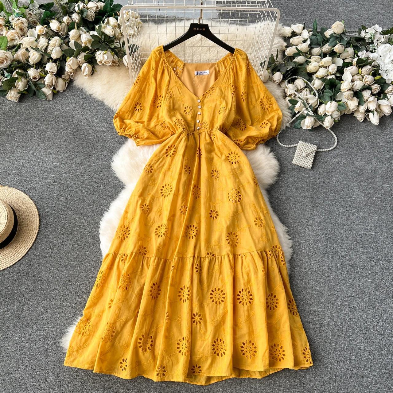 Floral Embroidered Yellow V-Neck Midi Dress