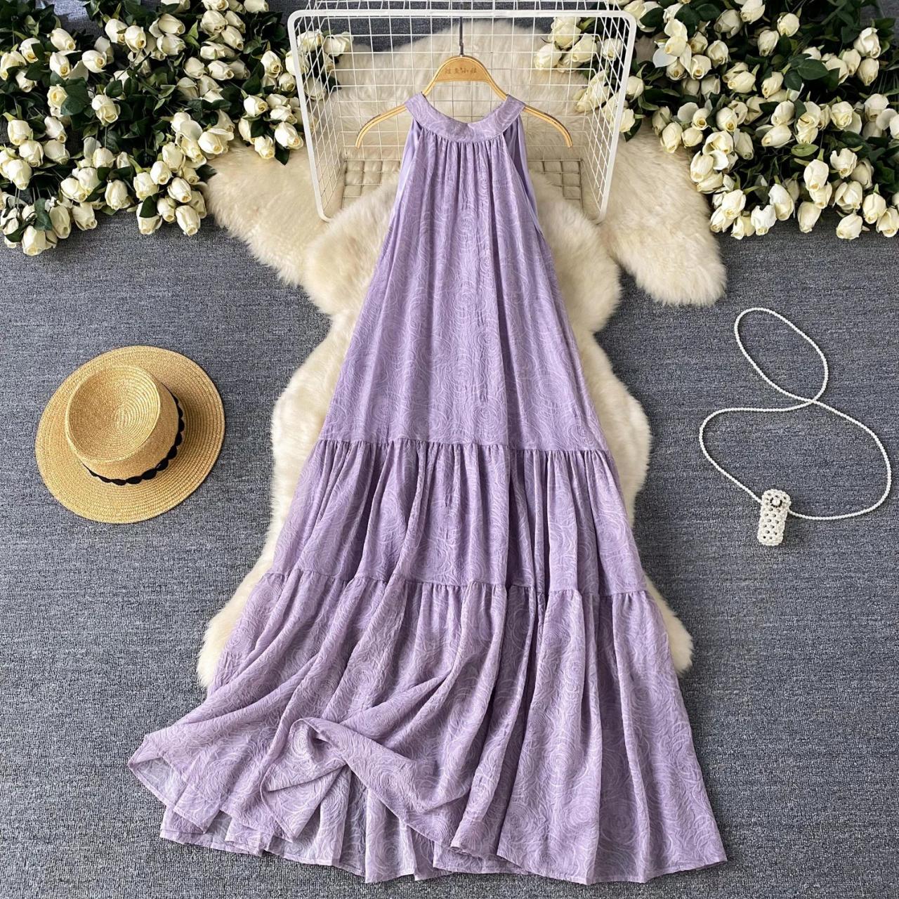 fitted lace wedding dress UUIKLPOL Lavender Flower Print Casual Cotton Feel Dresses for Ladies,Short  Sleeve,Flowy Maxi Dress for Spring at Amazon Women's Clothing store main image 0