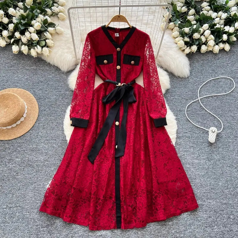 Lace Dress With Sheer Sleeves And Belt