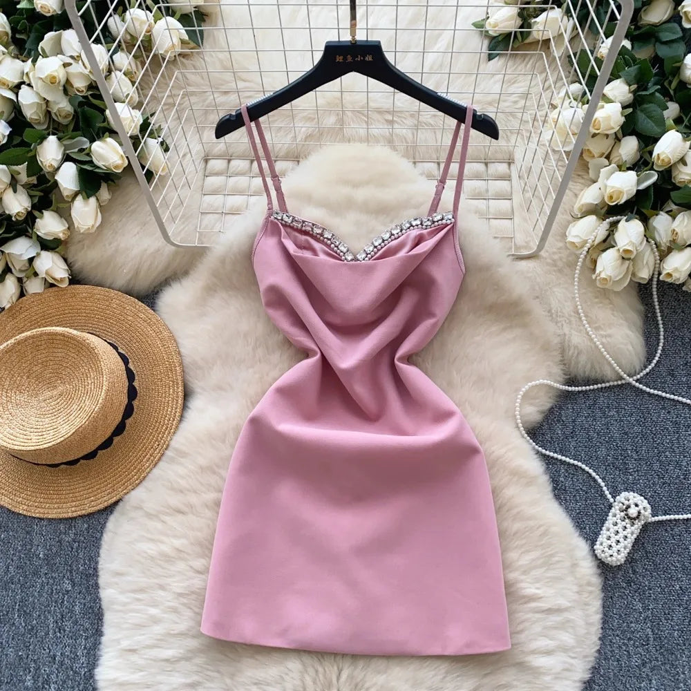 strapless open back dress Champagne Pink Satin Formal Dresses With Pearls – TANYA BRIDAL main image 1