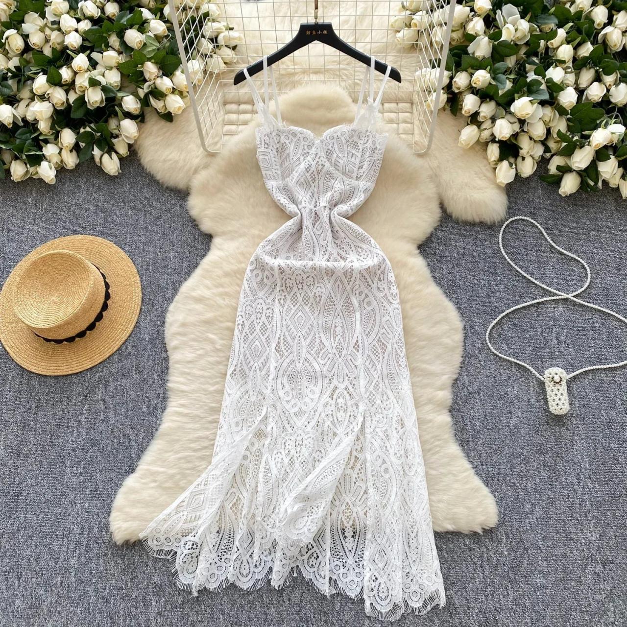 spaghetti strap white lace midi dress Sweet Details Lace Midi Dress in Ivory