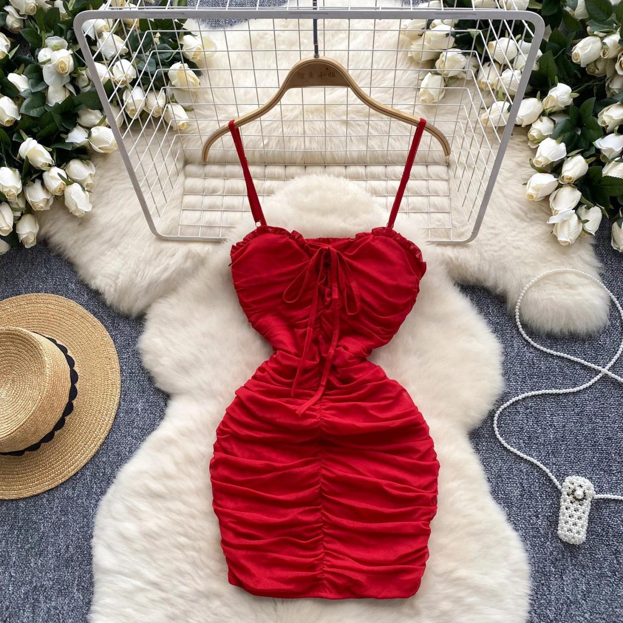 Ruched Red Bodycon Drawstring Spaghetti Strap Dress