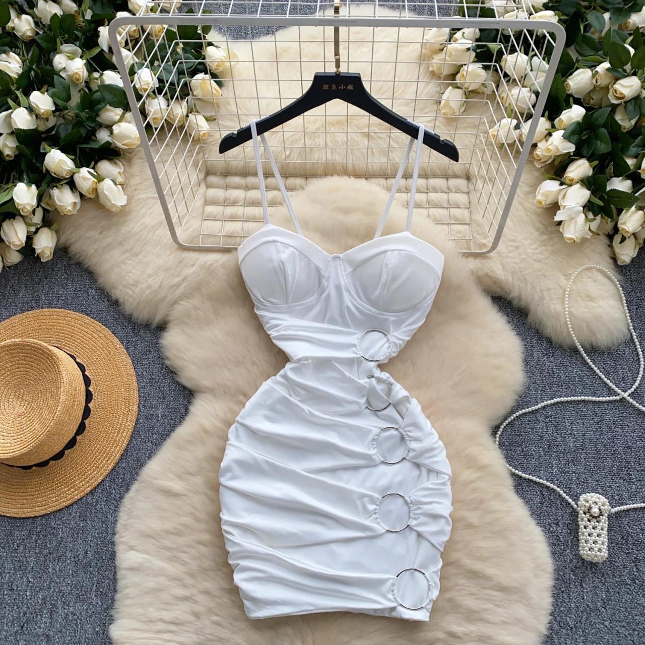 White Bodycon Mini Dress Adjustable Straps Buckle Design