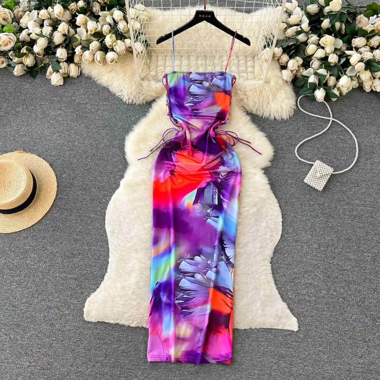 Vibrant Tie-dye Sleeveless Drawstring Bodycon Midi Dress