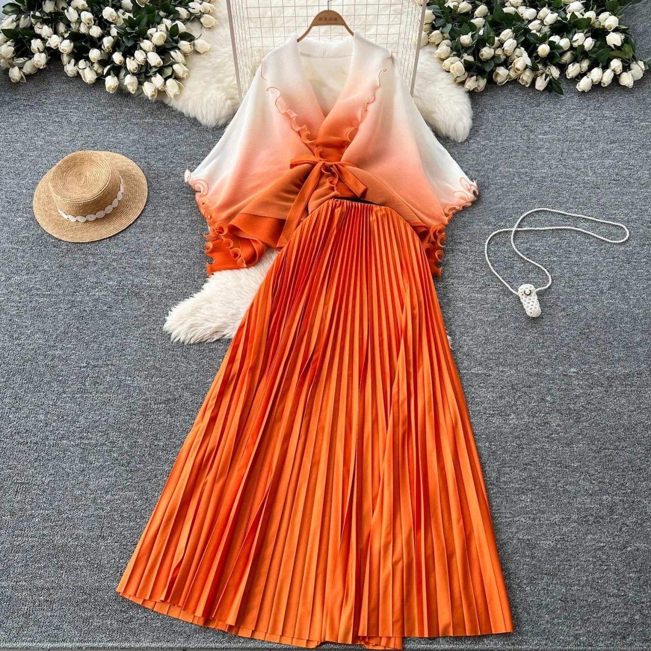 Gradient Chiffon Blouse And Pleated Skirt on Luulla