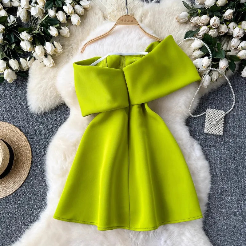 Neon Green Bow Off-shoulder Mini Dress