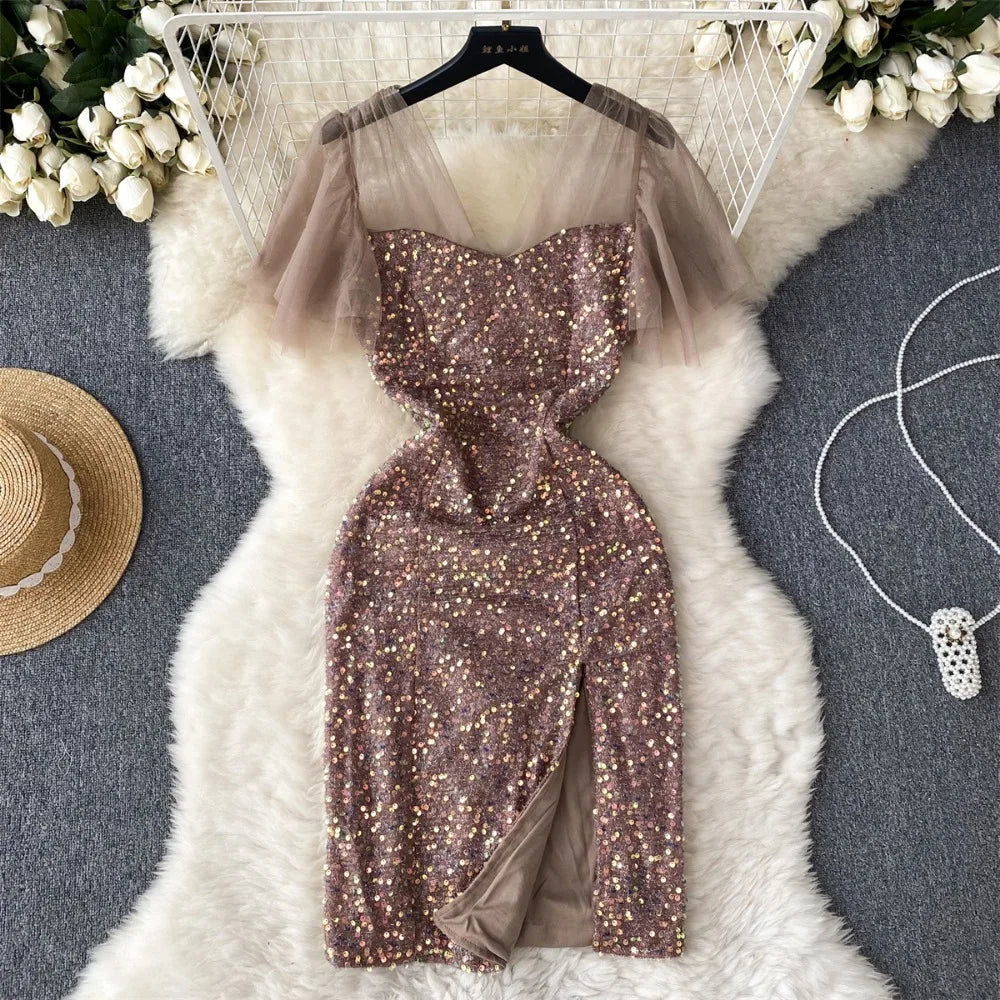 Sparkling Brown Sequin Mesh Party Dress