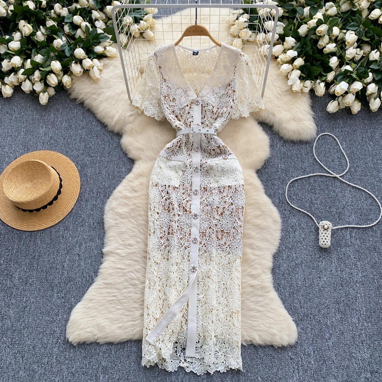 Ivory Lace Sheer Long Sleeve Buttoned Dress