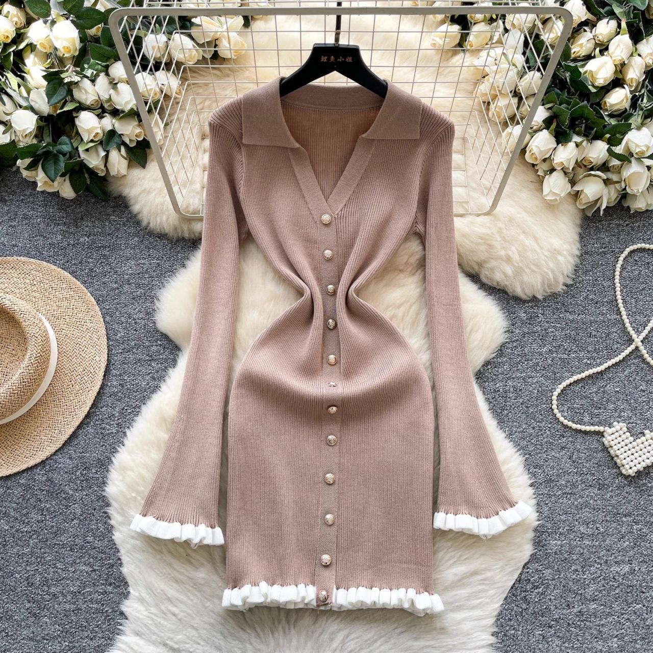 Beige Long-sleeve Buttoned Bodycon Dress With Ruffles on Luulla