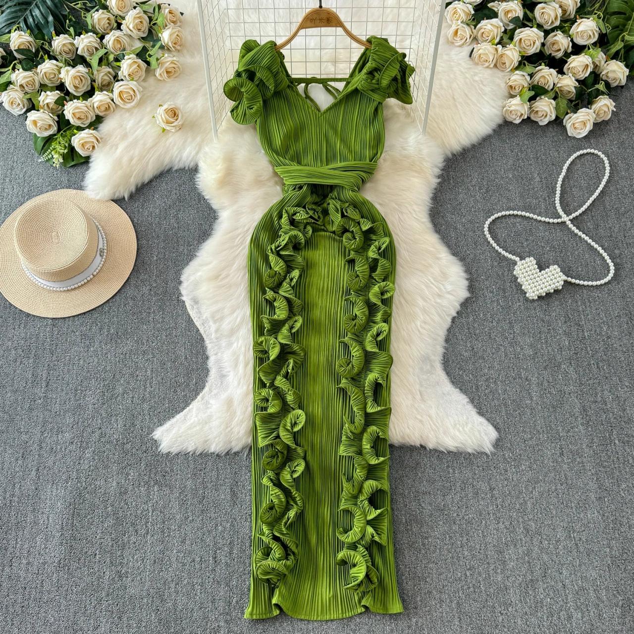 Vibrant Green Ruffled Maxi Dress With Straps