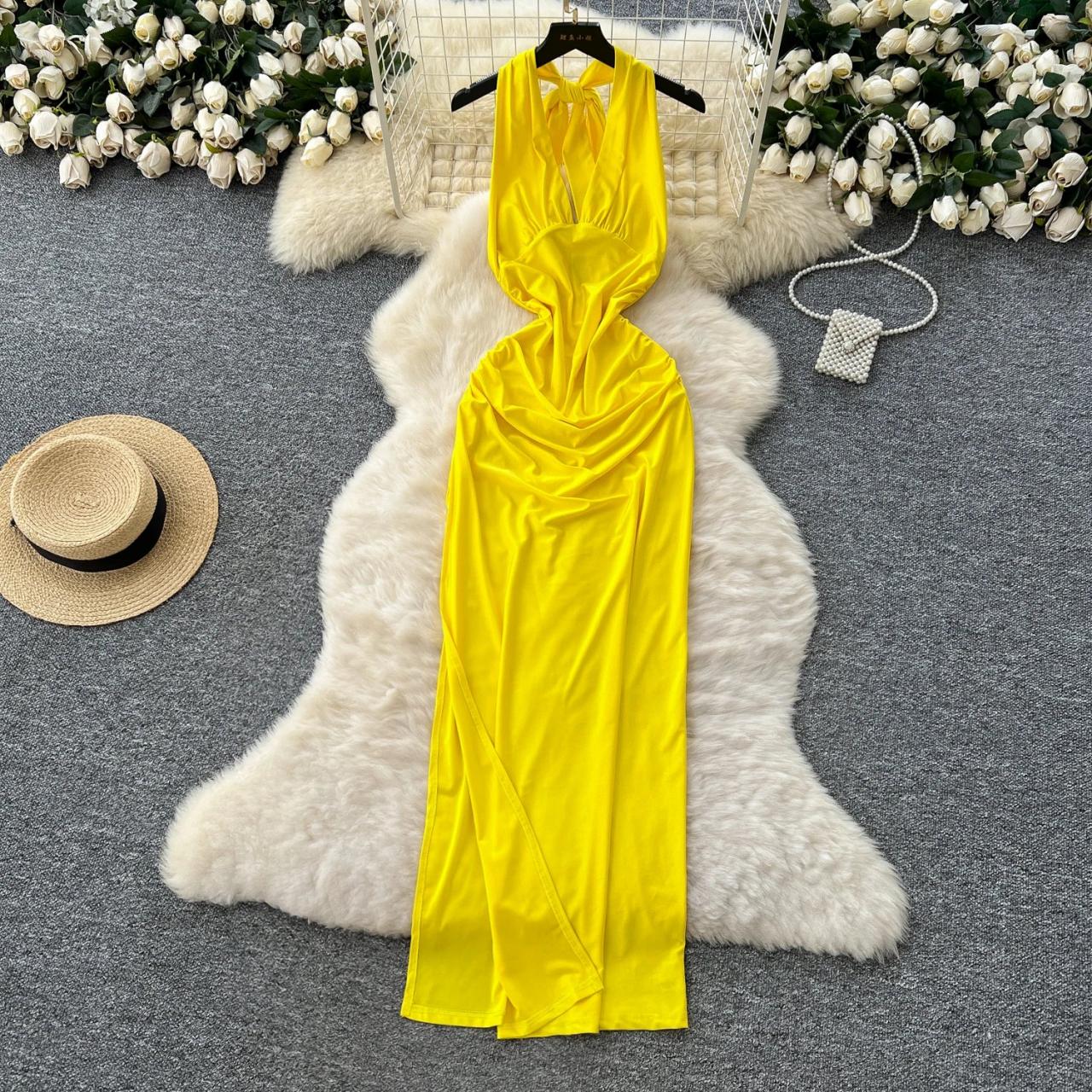 yellow backless halter dress Fiesta Halter Maxi Dress
