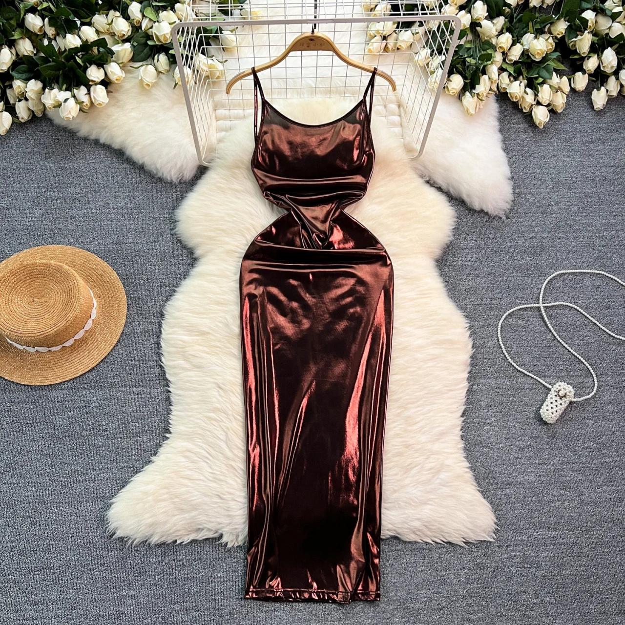 Shiny Burgundy Satin Bodycon Maxi Dress