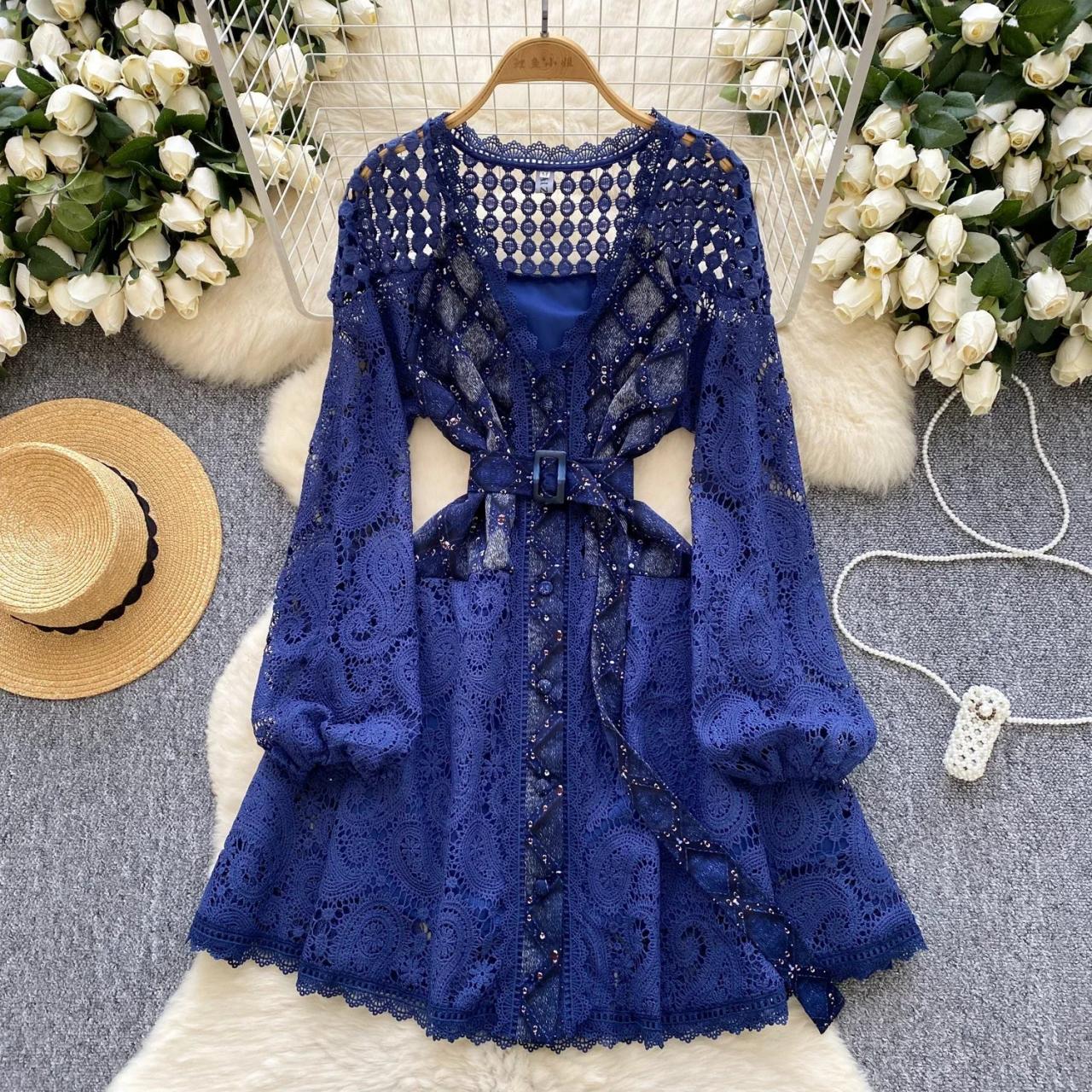 blue lace dress with bell sleeves V-Neck Bell Sleeves Long Formal Dress Navy Blue