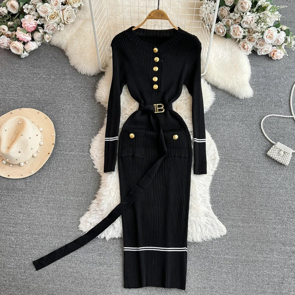 Black Ribbed Knitted Dress With Gold Buttons