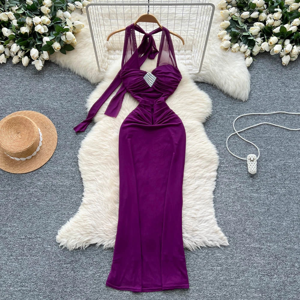 Chic Purple Halter Ruched Maxi Dress For Women on Luulla