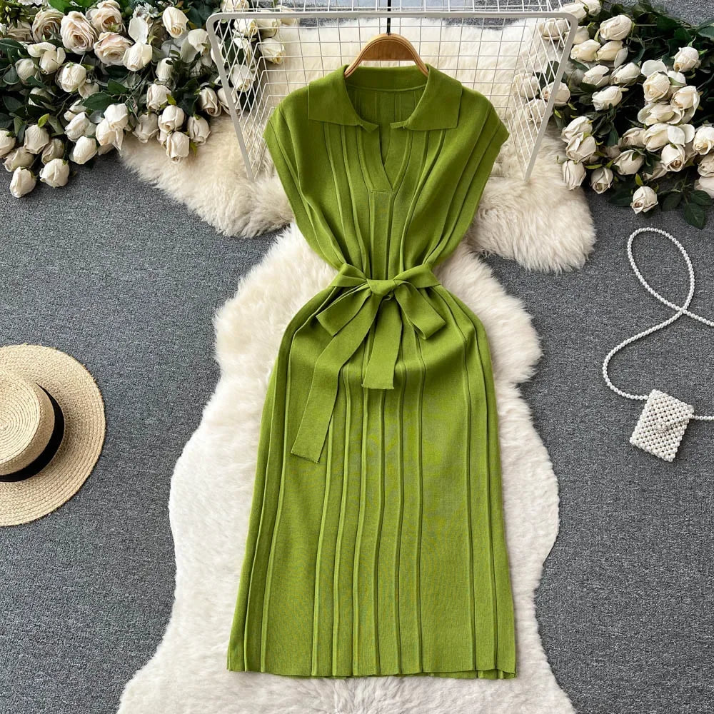 Olive Green Knitted Dress with Waist Tie Belt