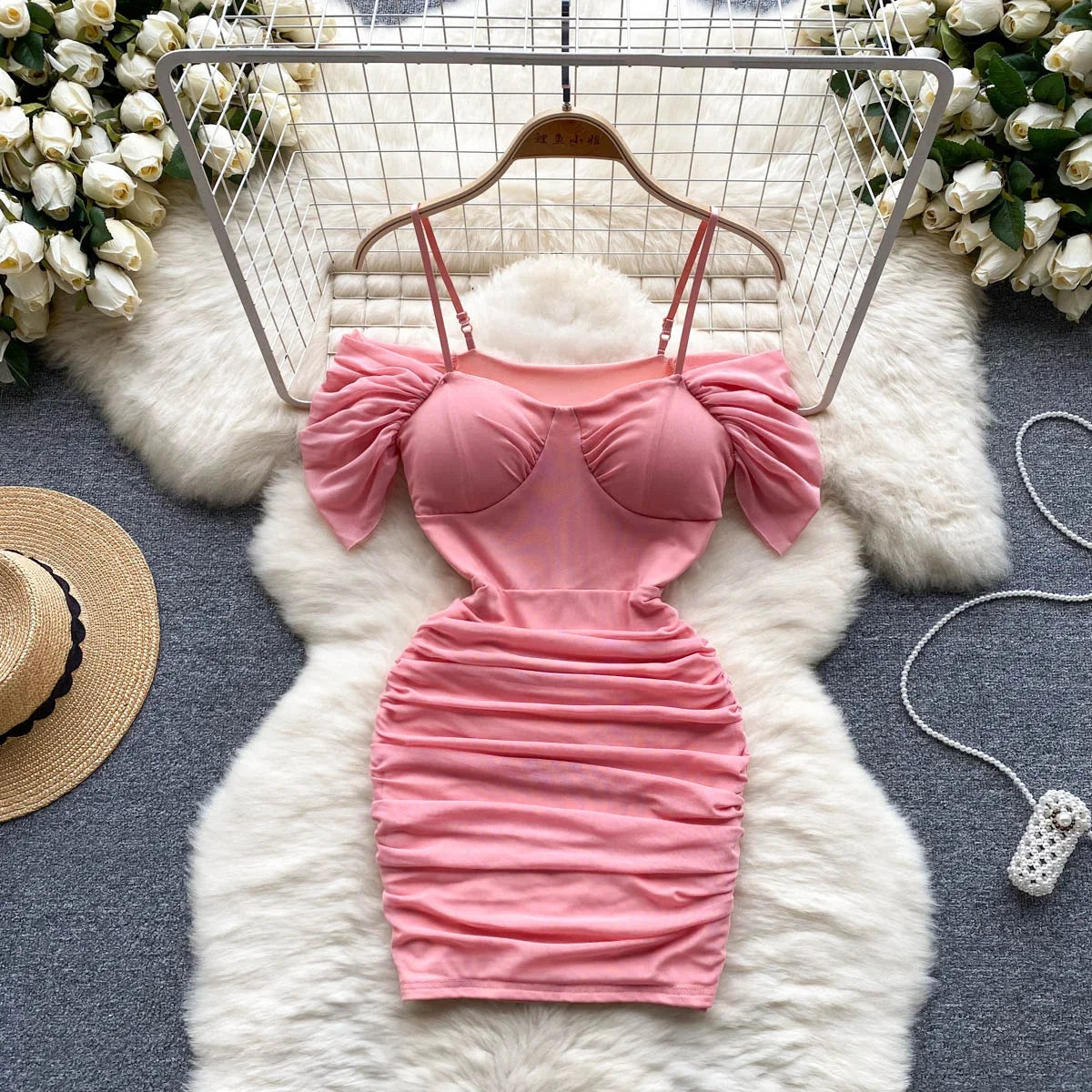 Pink Ruched Bodycon Dress With Puff Sleeves