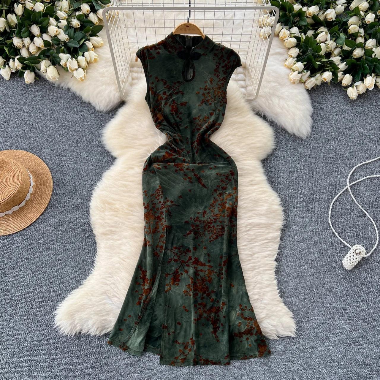 Vintage Green Floral Sleeveless Long Fishtail Dress on Luulla