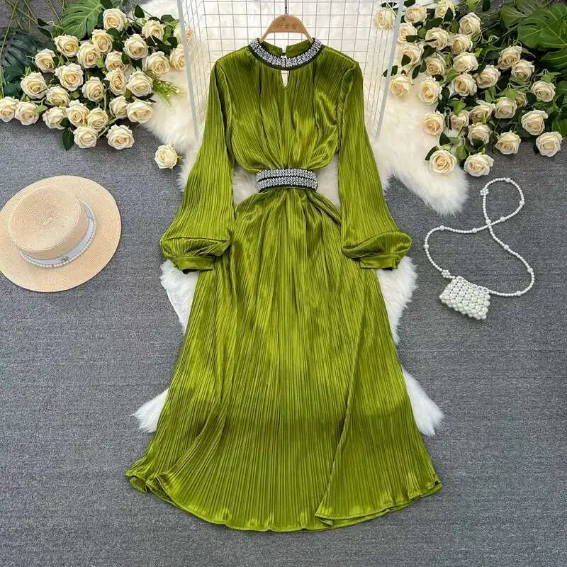 Olive Green Satin Pleated Long Sleeve Dress