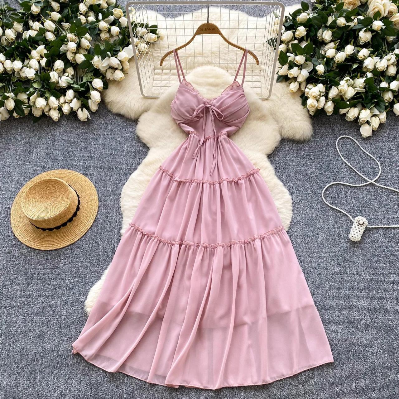 Pastel Pink Flowy Spaghetti Strap Summer Dress