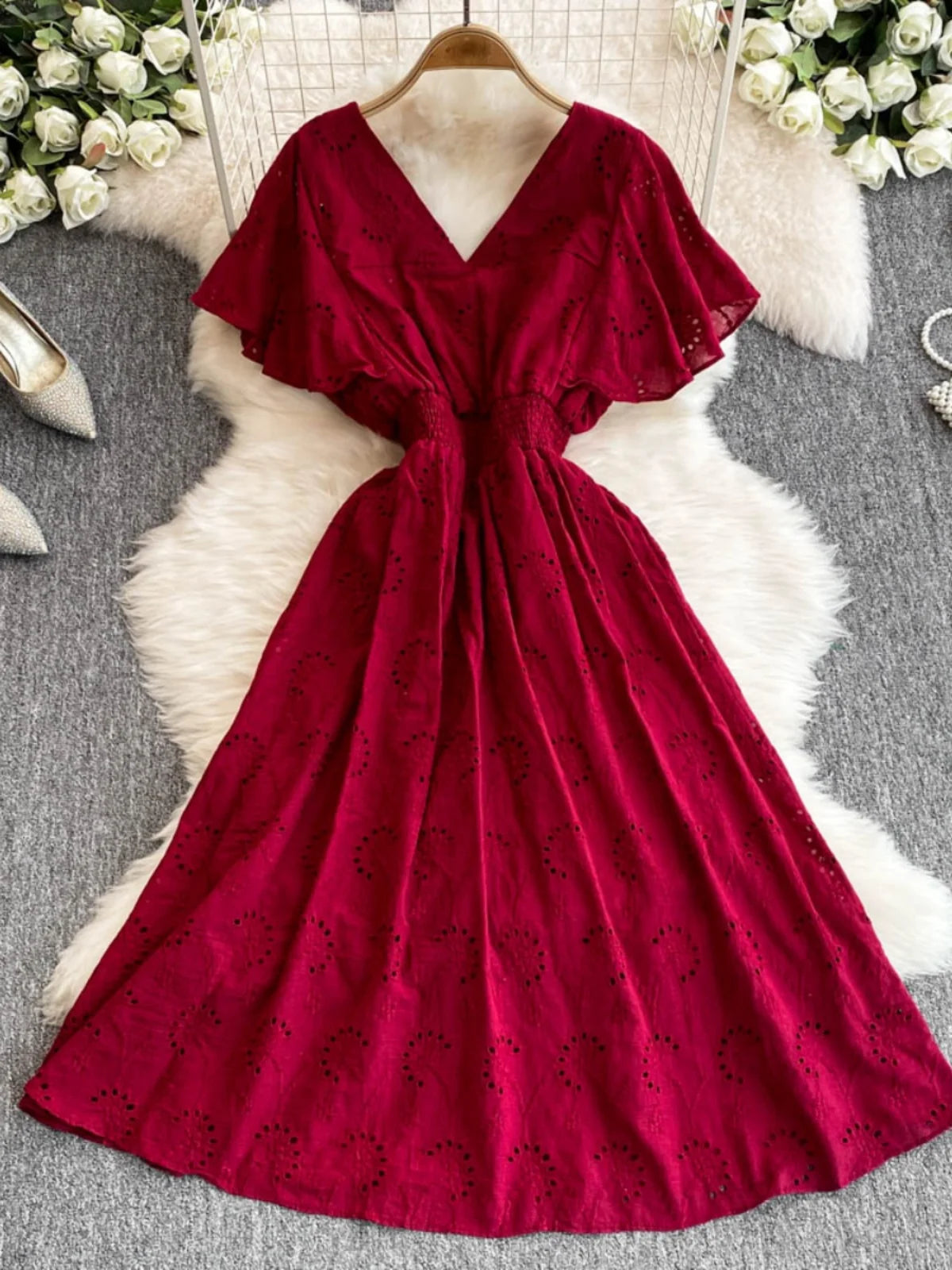 Burgundy Flowing V-neck Ruffle Sleeve Maxi Dress on Luulla