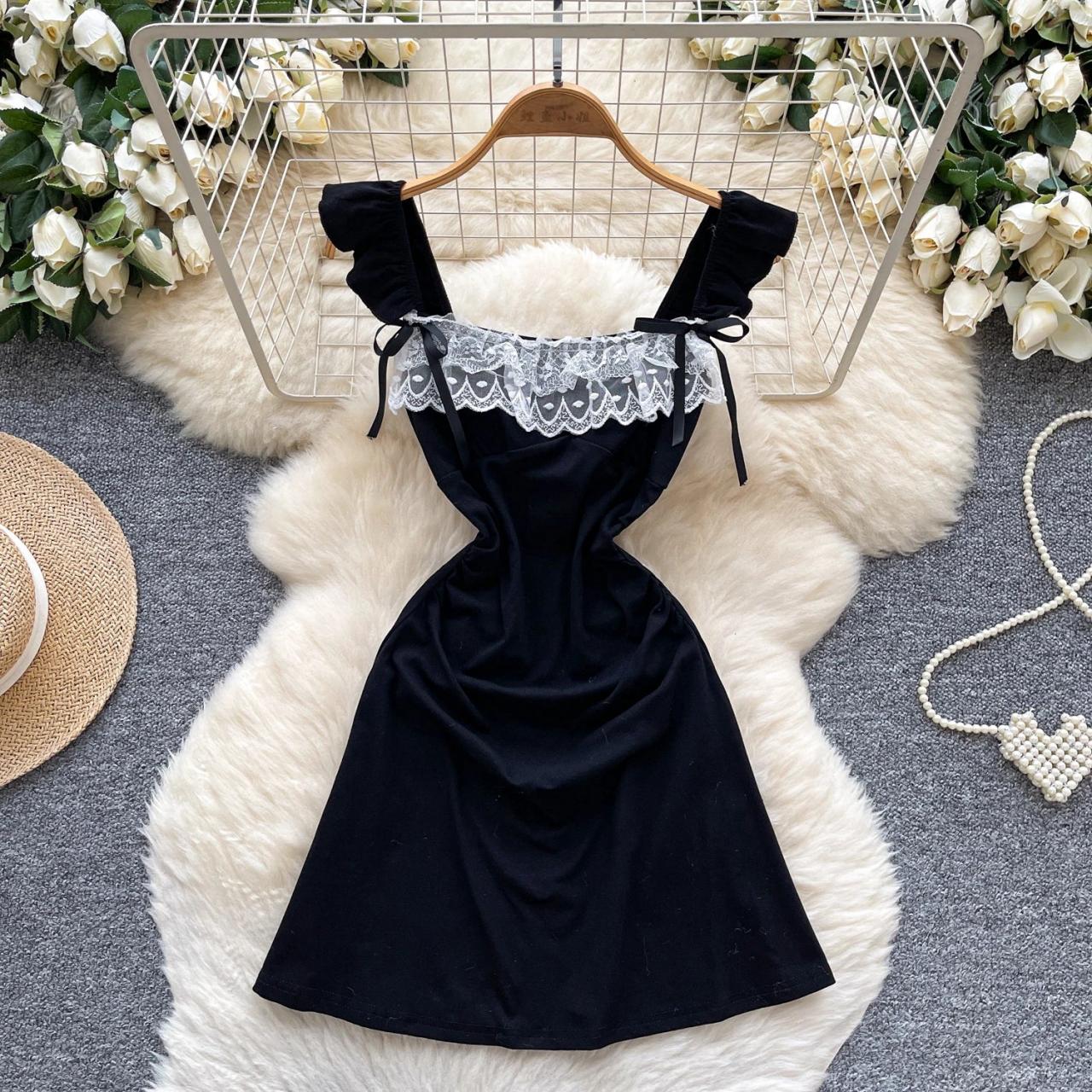 black lace overlay a line dress Rebdolls Women's Lorelei Lace Overlay Midi A Line Dress