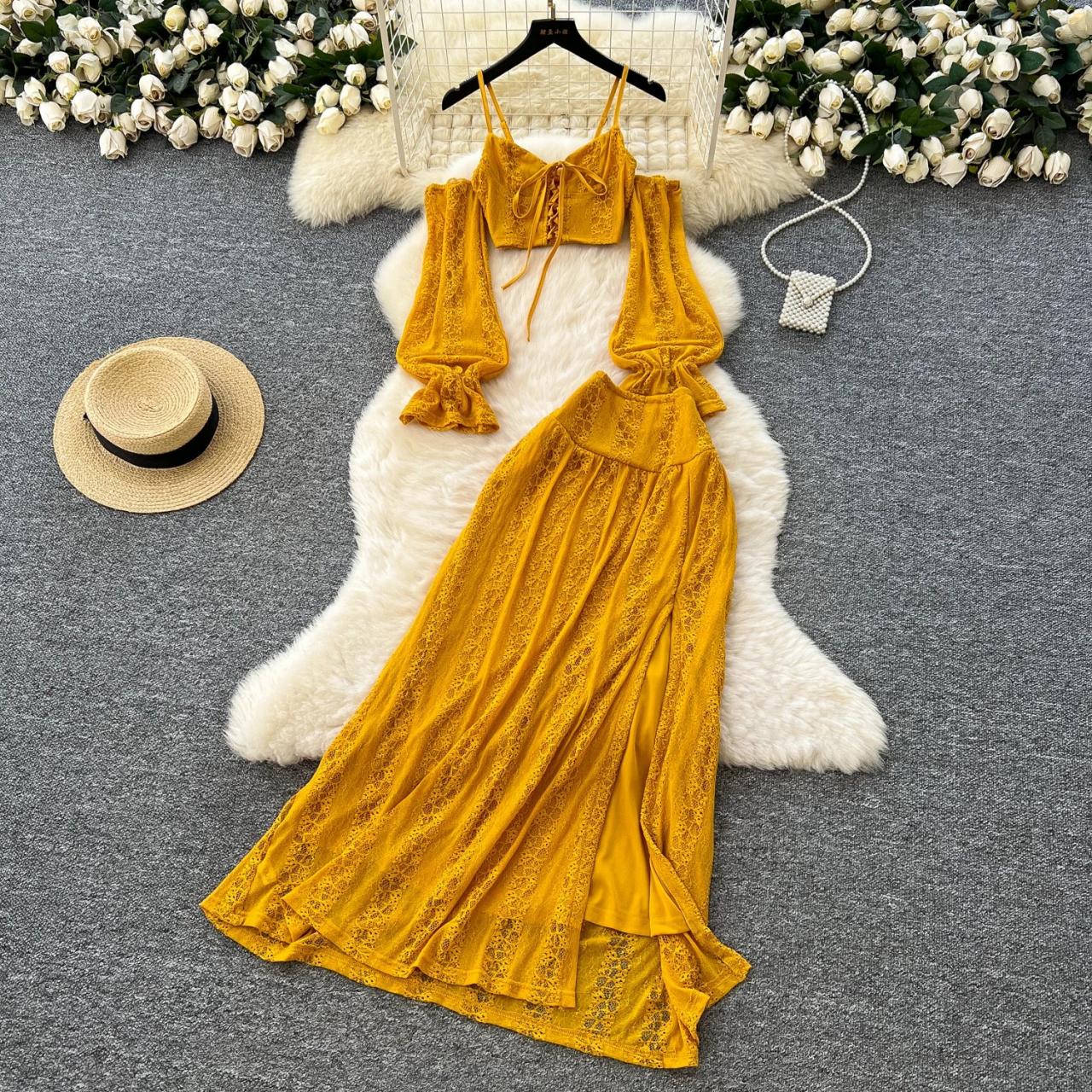 mustard yellow dress lace Womens Yellow Lace Two-piece Maxi Dress