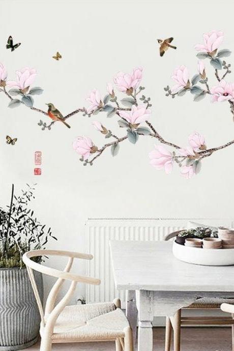 Beautiful Birds Perched On Peach Blossom Branches In Spring, Plant And Flower Wall Stickers, Decorative Murals In Living Room And Bedroom