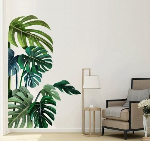 Tropical Green Monstera Leaf Wall Decal - Wall Corner Botanical Sticker ...